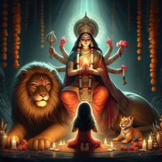 a woman sitting on top of a lion next to a person with candles in front of her