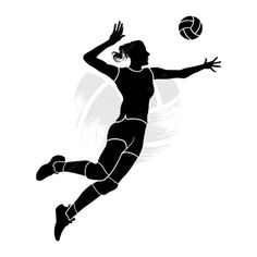 a female volleyball player jumping to hit the ball with her racket silhouetted on a white background