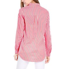 Clean stripes lend a graphic touch to this button-down shirt. A trendy high-low hem and roll-up sleeves for added laid-back appeal. Wear this on the weekend running errands or Sunday brunch. Pair it perfectly with your favorite trousers and heels for an instant charming outfit. Amp up your ensemble with this striped shirt. Trendy Button-up Shirt With Rolled Sleeves, Casual Blouse With Roll-up Sleeves And Shirttail Hem, Casual Tops With Roll-up Sleeves And Shirttail Hem, Red Spring Tops With Button Cuffs, Red Tops With Button Cuffs For Spring, Trendy Spread Collar Shirt For Spring, Trendy Spring Top With Roll-up Sleeves, Trendy Shirt With Spread Collar For Spring, Trendy Tops With Roll-up Sleeves For Spring