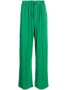 bright green stretch-design high-waisted elasticated drawstring waistband straight leg exposed-seam detailing Green Pull-on Straight Pants, Green Pull-on Pants For Loungewear, Green Wide Leg Pants With Elastic Waistband For Loungewear, Green Pull-on Trousers, Green Sweatpants With Drawstring, Green Bottoms With Elastic Waistband For Work, Green Elastic Waistband Bottoms For Workwear, Green Drawstring Wide Leg Pants, Green Wide-leg Sweatpants With Elastic Waistband