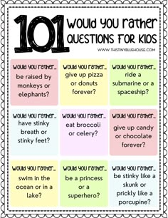 a poster with the words 10 questions for kids to ask in front of it, which one