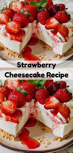 two pictures of cheesecake with strawberries on top