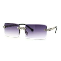 Tap into the classy 90s trends with these premium rhinestones decorated shades. Featuring rhinestones along the nosebridge and temples, these premium shades are designed with a full rimless rectangle lenses. Made with a metal based frame, unique full metal nose pads, metal hinges, and 100% UV protected lenses. (a697) 5 1/2" (140mm) x 1 9/16" (40mm) 100% Premium UV400 Polycarbonate Lenses Unique full metal nose pad Bridge Width: 17mm Temple Length: 143mm Lens Width: 59mm Lens Height: 39mm Size: 5 Trendy Summer Jewelry With Rhinestones, Rapper Sunglasses, Sunglasses Silver, 90s Trends, Metal Hinges, Rhinestone Chain, Rimless Sunglasses, Full Metal, Metal Base