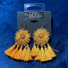 Beautiful Gold Dangle Earrings By Noir Gold Dangle Tassel Earrings For Spring, Gold Tassel Drop Earrings For Spring, Gold Tassel Earrings For Spring Gift, Gold Bohemian Tassel Earrings For Spring, Fire Earrings, Hamsa Earrings, Dazzling Earrings, Multicolor Earrings, Gold Dangle Earrings