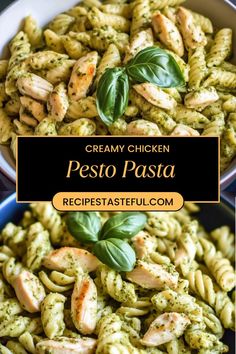 creamy chicken pesto pasta in a bowl with basil leaves