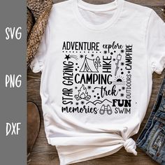 a t - shirt with the words adventure and camping on it next to some shoes