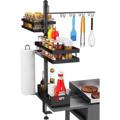 an image of a cooking station with hot dogs and condiments on the shelf