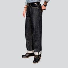 Introducing the 2023 Autumn Collection's Straight Medium-Rise Self-Edge Jeans for men, an ultra-couture selvedge vibe upgrade to your timeless denim look! Crafted with tall quality 15oz denim, this piece offers a leisurely mid-rise fit, self-edge hemline, and a buttoned closure that promises to elevate any look with the perfect amount of attitude.Why You'll Love it: Raw & Refined: The perfect combination of raw and refined, this piece is textured to be both timeless and trendsetting. Mid-Waist C Dark Wash Selvedge Tapered Leg Jeans, Black Selvedge Jeans With Straight Hem, Dark Wash Selvedge Jeans With Straight Hem, Dark Wash Selvedge Rigid Denim Jeans, Dark Wash Selvedge Jeans In Rigid Denim, Selvedge Dark Wash Rigid Denim Jeans, Selvedge Rigid Denim Jeans In Dark Wash, Urban Selvedge Straight Leg Jeans, Straight Fit Rigid Denim Jeans With Belt Loops