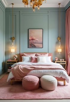 a bedroom with blue walls, pink bedding and gold chandelier hanging from the ceiling