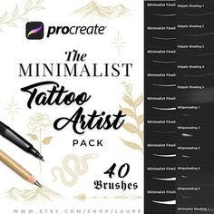 the minimalist tattoo artist pack includes 40 brushes, 3 ink pens and 1 eraser