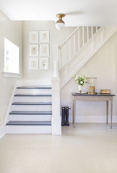 the stairs in this house are painted white and blue with gray stripes on them,