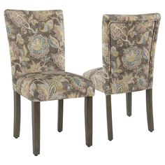 pair of upholstered chairs with floral pattern on backrests, side view