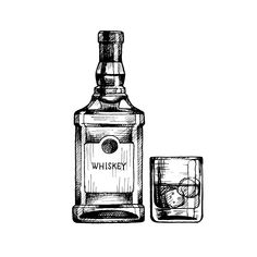 a bottle of whiskey and a glass with ice cubes on the side, hand drawn illustration