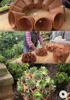 several different types of clay pots are arranged on a table and placed in the middle