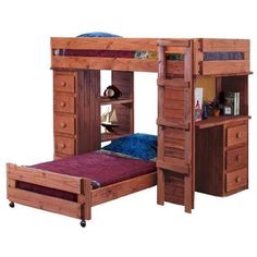 a bunk bed with drawers underneath it and a purple bedspread on the bottom