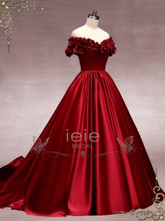 Dark Red Off the Shoulder Ball Gown Wedding Dress with Roses MURINA Red Ball Gown Elegant, Red Gowns Elegant, Wedding Dress With Roses, Opera Gown, Lace Up Corset Back, Dress With Roses, Red Ball Gowns, Red Colour Dress, Red Rose Dress