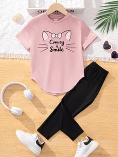 Young Girl Casual Cartoon Pattern Short Sleeve T-Shirt And Long Pants 2pcs/Set, Suitable For Spring And Autumn Pink Casual  Short Sleeve Knitted Fabric Animal,Cartoon,Letter  Slight Stretch  Young Girls Clothing, size features are:Bust: ,Length: ,Sleeve Length: Cute Pink Crew Neck Sets, Cute Letter Print Crew Neck Sets, Cute Letter Print Sets With Crew Neck, Kidswear Trends, Cartoon Letters, Rose Bonbon, Animal Cartoon, Fabric Animals, Cartoon Pattern