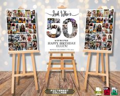 an easel with two pictures on it in front of a wall that says, look who's 50 happy birthday ellen