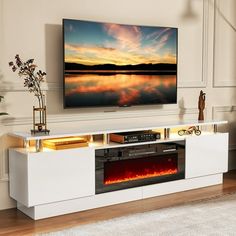 a flat screen tv mounted to the side of a wall next to a fire place