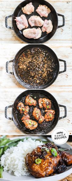 three pans filled with different types of food on top of a wooden table next to rice