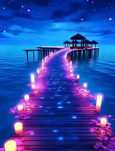 a pier with many lit candles on it