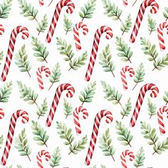 watercolor candy canes and christmas greenery on a white background seamless pattern