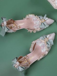 Handmade Hime Lolita Shoes Ruffle Trim Rhinestones Beaded Green High Heels Fantasy Wedding Shoes, Manhwa Princess Shoes, Manhwa Heels, Cute Heels Aesthetic, Fantasy Shoes Heels, Whimsical Heels, Fantasy High Heels, Manhwa Shoes, Elven Shoes