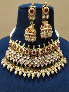 Restock Again/ Our Hot Selling Fine Quality Gold Platted Pachi Kundan Bridal Necklace with Jhumkis| Ahmedabadi Pacchi Kundan Gold Necklace  Elegant and delicate Indian Necklace With Gold Plating. Indian Bridal Kundan set One Gram Jewelry Choker Set. Very Gorgeous and pretty, fine Kundan choker necklace with matching earrings Adjustable length with help of dori (cord) These Necklace has very fine kundan, pearls  Beautiful Top Quality, Indian Jewelry Set, Necklace Kundan Jewelry Set, Looks Beautiful For All Occasions, Wedding Jewelry, Made By Handmade, Adorable choker set with bold kundan & semi-precious stones studded in an aesthetic design. ♥ Pretty Gift to the jewelry. ♥ Ideal for wedding party. Secured with a post and back Adorn yourself with these beautiful Choker & Earrings set and loo Kundan Temple Jewelry Sets With Latkans, Multicolor Kundan Sets For Puja, Festive Jewelry Sets With Zari Work For Puja, Heavy Kundan Lehenga For Festivals, Heavy Multicolor Bridal Sets For Festive Occasions, Multicolor Kundan Sets With Latkans, Heavy Jewelry Sets For Puja And Festivals, Festive Bridal Sets With Latkans For Diwali, Traditional Heavy Lehenga For Festivals