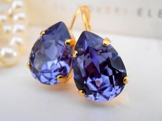 Tanzanite Teadrop Crystal Earrings / Swarovski Dangle Earrings Wedding Jewelry Bridesmaids, Pear Earrings, Dangle Earrings Wedding, Crystal Earrings Wedding, Wedding Bridesmaid Jewelry, Swarovski Crystal Jewelry, 16th Birthday Gifts, Swarovski Crystal Earrings, Bridal Gold Jewellery