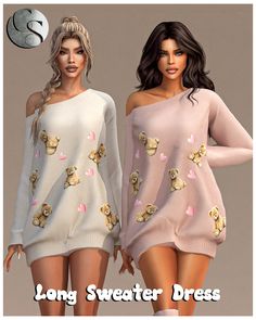 two women wearing sweaters with teddy bears on them and the words long sweater dress