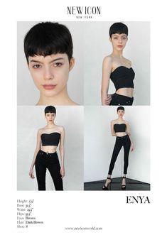 the model is wearing black clothing and posing for pictures with her hair styled in short bangs