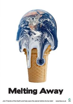 an ice cream cone with the earth in it's center and melting water on top