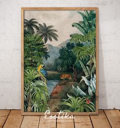 an image of a painting on the wall with tropical plants and animals in the background