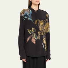 Jason Wu Collection blouse in forest floral print Stand-up collar; concealed button placket Long sleeves; button cuffs Oversized fit Back yoke; box pleat Silk Dry clean Imported Fit Back, Jason Wu, Box Pleats, Button Placket, Black Blouse, Silk Blouse, Oversized Fits, Stand Up, Button Downs