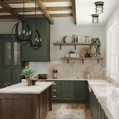 a large kitchen with green cabinets and white counter tops, an island in the middle