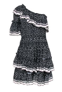 Current Boutique-Love Sam - Black & Grey Floral Print One-Shoulder Ruffle Tiered Dress Sz S Ruffle Tiered Dress, Designer Mini Dresses, Love Sam, Mini Dresses For Women, Crepe Dress, Floral Stripe, Grey Floral, Tiered Dress, Fashion Outlet