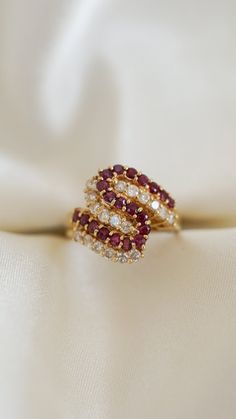 * Ring Material: Ruby, Diamond, 14k yellow gold * Ring Dimensions: 0.75x0.6 Inch, 4.4MM Tapering Band   * Stone Weight & sizes:  Ruby  - 1.26ct, Diamond - 0.72ct * Size: 6.5 * Overall weight: 5.2g Lux Jewelry, Swirl Diamond Ring, Ruby Ring Vintage, Ruby Ring Gold, Fancy Jewelry Necklace, Antique Bridal Jewelry, Feather Fan, Ruby Diamond Rings, Swirl Ring