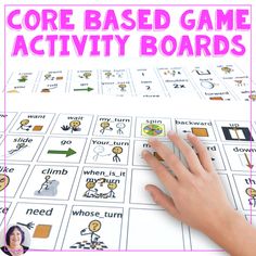 a hand on top of a board with words that read core based game activity boards