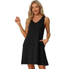 This soft fabric and breathable lounge dress for women is constructed of 65% Cotton and 35% Polyester fabric, comfy, moisture-wicking, breathable, and skin friendly. Featuring a v-neck, two side pockets, and a sleeveless design, makes you feel cozy all night, and enjoy a comfortable sleep and sweet dream. Great for loungewear, nightwear, sleepwear, home bedroom, and daily wear. No matter the cozy bedtime, casual home relaxation, laze afternoon, or comfy bath, the soft and lightweight nightdress Black V-neck Sleepwear For Relaxation, Comfortable Sleeveless Lounging Sleepwear, Comfortable Sleeveless Lounge Sleepwear, Comfortable Sleeveless Sleepwear For Vacation, Summer Sleeveless Nightgown For Lounging, Casual Sleeveless Nightgown For Loungewear, Sleeveless Black Sleepwear For Summer, Sleeveless Spring Dress For Relaxation, Solid Color Summer Nightgown For Relaxation