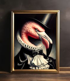 a painting of a flamingo wearing a top hat