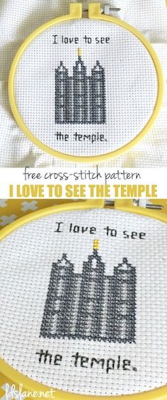 two cross stitch pictures with the words i love to see the temple on each side