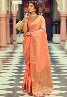 Silk Saree with blouse in Peach colour 10061  Desc:  Color : Peach Fabric : Silk Wash Care : Dry clean Sleeve Style : Half Sleeve Long Sleeves : Done only in Custom Stitch Sleeves Lining : Done only in Custom Stitch Bust Size : 32 to 42 Inches Occasion : Festival   Diwali   Eid   Durga Pooja   Ganesh Charturthi   Dussehra. With Express Free Shipping and Custom Stitching, Buy Indian Party wedding wear Bridal Sarees Silk Saree with blouse in Peach colour 10061 online in USA, UK and Canada from Kol Peach Colour Silk Saree, Classic Saree, Peach Saree, Peach Colour, Peach Blouse, Wedding Saree Indian, Trendy Sarees, Tussar Silk Saree, Readymade Blouse