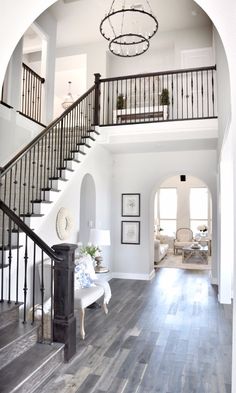 the inside of a house with stairs and wood floors