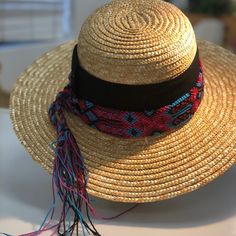 Brand New Hat! With Hand Made Mexican Band! Size Large 22 Inches Inside! Fashion For The Beach! Adjustable Straw Hat For Beach Season, Adjustable One Size Sun Hat For Beach Season, Adjustable One-size Sun Hat For Beach Season, Adjustable Beach Hat One Size, Multicolor Hat Bands For Beach In Spring, Multicolor Curved Brim Hat Bands For Beach, Adjustable Hat For Vacation, Woven Straw Hat For Vacation, One Size Woven Sun Hat For Vacation