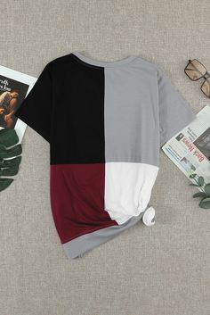 Wine Red Colorblock T-shirt with Slits Red Color Block T-shirt For Summer, Red Short Sleeve Top With Contrast Color, Red Color Block Short Sleeve T-shirt, Multicolor Spliced Short Sleeve T-shirt, Multicolor Short Sleeve T-shirt With Splicing, Red Cotton Color Block T-shirt, Red Contrast Color Short Sleeve T-shirt, Red Patchwork Crew Neck T-shirt, Red Casual Top With Contrast Color