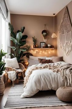 a bedroom decorated in neutral tones with plants and lights