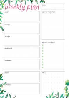 a printable weekly planner with green leaves on the side and pink lettering that says, week plan