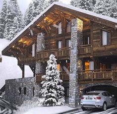 a car is parked in front of a large house with snow on the ground and trees