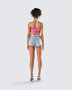 Get ready to soak up all the sun and attention in this four-piece set 💅 Featuring a pink velvet tube top, two-toned rhinestone bikini, and blue distressed denim shorts - this fit is perfect for getting them sprung in the springtime 😏 Denim Crop Top For Summer, Pink Jean Shorts For Beach In Summer, Pink Jean Shorts For Summer Beach, Summer Poolside Pink Crop Top, Pink Short Crop Top For Summer, Pink Short Crop Top For Spring, Trendy Pink Jean Shorts For Beach, Pink Crop Top For Poolside Spring Season, Spring Pink Crop Top For Poolside