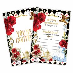 two wedding cards with roses and teapots on them